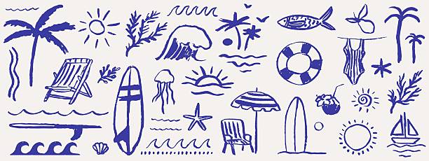 ilustrații de stoc cu set de ilustrații vectoriale de marjă de vară, mare și surf desenate manual. elemente tropicale de coastă palmieri, valuri, plăci de surf și soare cu ornamente pentru tricouri, postere și imprimeuri de pancarte. - vară