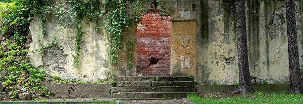 An old weathered wall with a stone archway, overgrown with creeping vines and surrounded by nature. The arch is sealed with a red brick wall featuring a small hole, while moss, cracks, and peeling textures show the passage of time. A set of worn stone steps leads up to the arch. The scene evokes a feeling of decay, forgotten architecture, and mystery in a natural setting.