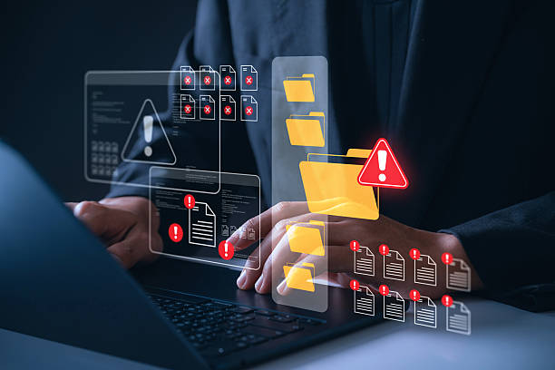 cybersecurity file breach concept. digital document and folder warning alert with error. malware attack, data corruption, and information loss through system vulnerability. - dataintrång bildbanksfoton och bilder