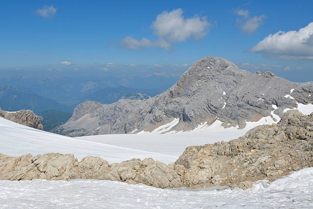 Mountain Dachstein snowy glacier panorama landscape in sunny weather, snow and blue sky during a summer hike, Styria, Austria