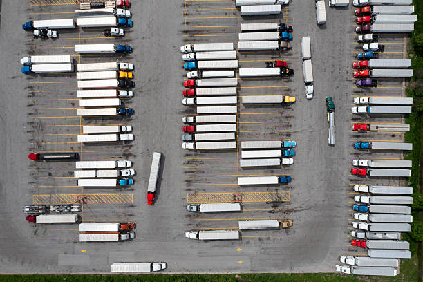 istock Trucks at a rest stop, aerial view 2226832515