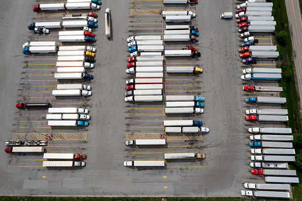 istock Trucks at a rest stop, aerial view 2226832625