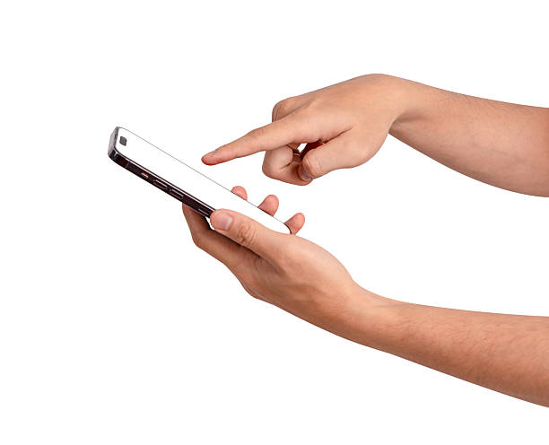 istock Hand using smartphone with blank screen isolated on white background. High quality studio shot. Concept for technology, business, finance and advertising. 2226835598