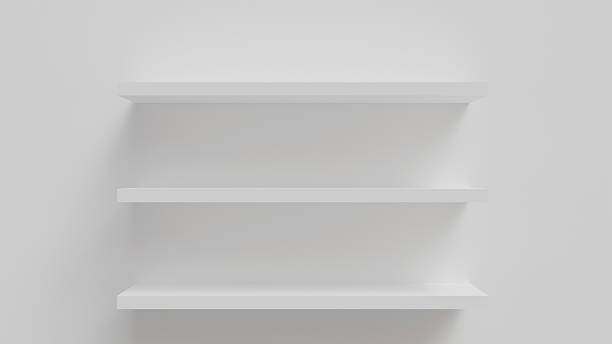 istock Three white wall shelves in the interior on a white background as a template for placing goods, decor items, cosmetics or design 2226836298