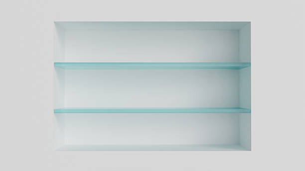 istock Two glass wall shelves in the interior in a niche on a white background as a template for placing goods, decorative elements, cosmetics or design 2226836340