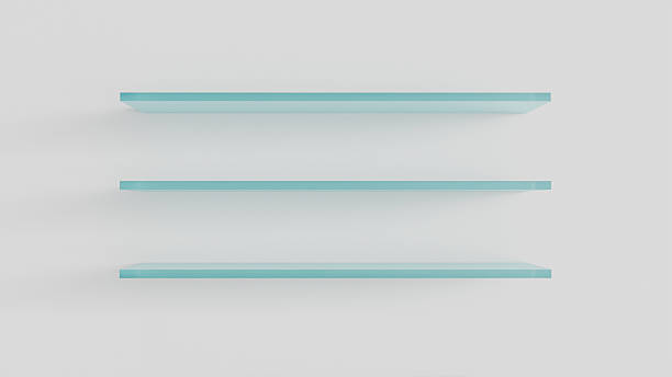 istock Three glass wall shelves in the interior on a white background as a template for placing goods, decorative elements, cosmetics or design 2226836376