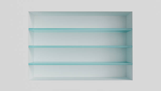 istock Three glass wall shelves in the interior in a niche on a white background as a template for placing goods, decorative elements, cosmetics or design 2226836389