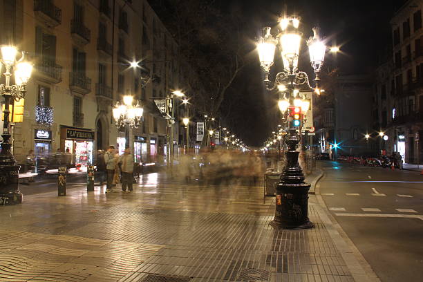 A long-exposure night photograph of Las Ramblas in Barcelona captures the vibrant energy of the boulevard. Streetlights cast a golden glow over the tree-lined promenade, while blurred figures in motion create a dynamic sense of life and movement. The surrounding architecture and illuminated storefronts add depth and character to the scene.