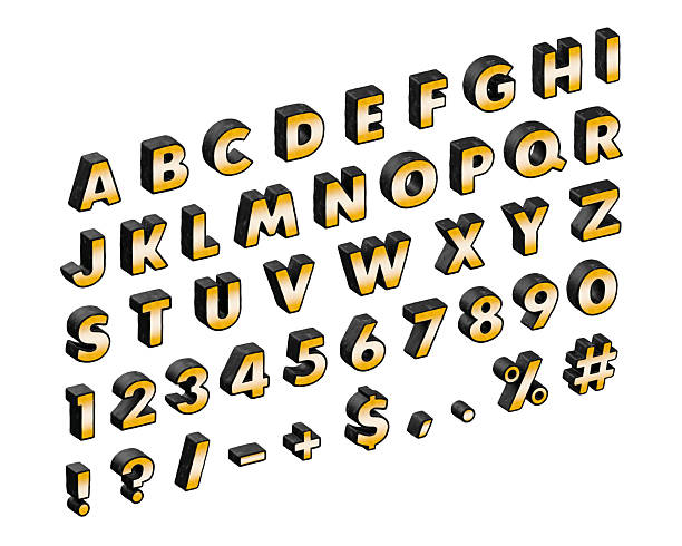 3d isometric alphabet. Fun, blocky uppercase characters, numerals, and signs. Bright yellow faces contrast with textured dark sides.