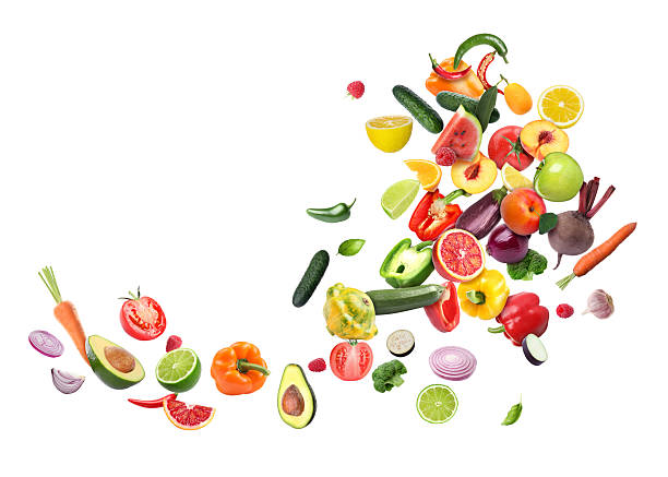 istock Different fresh fruits and vegetables in air on white background 2226852208
