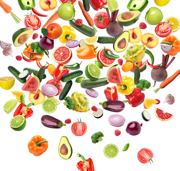 istock Different fresh fruits and vegetables in air on white background 2226852211