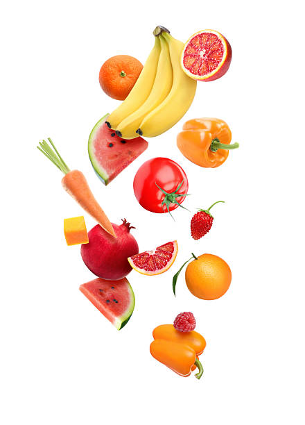 istock Different fresh fruits and vegetables in air on white background 2226852220