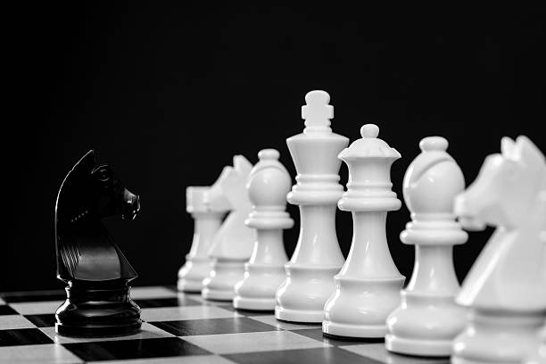 istock Black knight and white chess pieces on chess board 2226852523