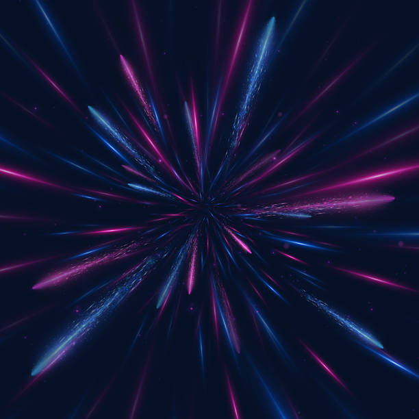 istock Sci-fi radial light burst with glowing neon pink and blue beams flying through space from dark energy core 2226852772