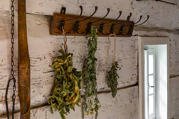 istock Herbs hanging to dry on wooden hooks inside a rural house, next to a window with a white frame. 2226855954