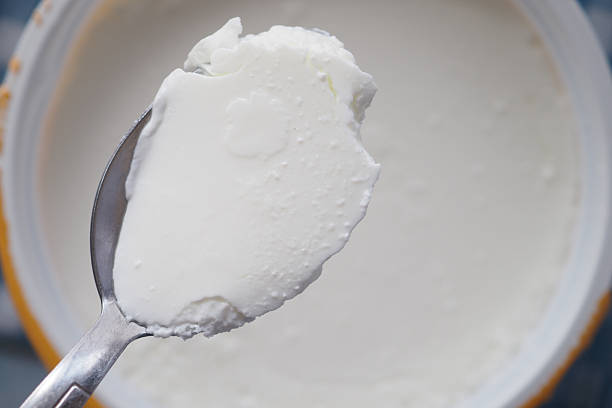 A spoon holds smooth and creamy yogurt ready to be enjoyed.