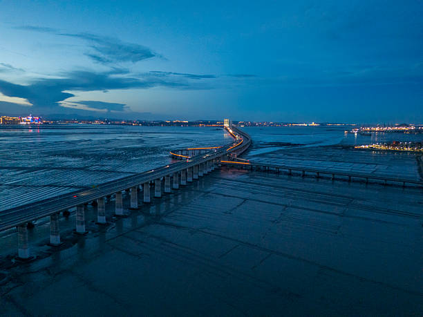 This image captures a tranquil nighttime scene featuring a long pier stretching across still water, leading towards a distant cityscape lit up against the dark sky. The visual style is moody and atmospheric, with cool tones dominating the palette. Potential uses include travel brochures, promotional materials for waterfront properties, or artistic prints focusing on urban landscapes at night.