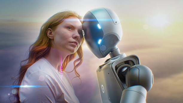 istock Human-Machine Concept: Visualization of Young Woman Gently Touching Foreheads with Humanoid Robot 2226865931