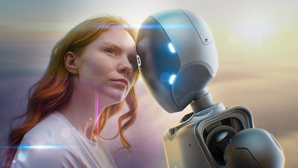 Futuristic Human-Machine Concept: Visualization of Young Woman Gently Touching Foreheads with Humanoid Robot at Sunset. Symbol of Love, Connection, Harmony Between Humanity and Artificial Intelligence