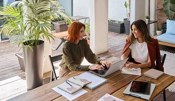istock Two happy business women talking using laptop working in green office, top view. 2226866445