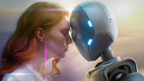istock Human-Machine Concept: Visualization of Young Woman Gently Touching Foreheads with Humanoid Robot 2226866529