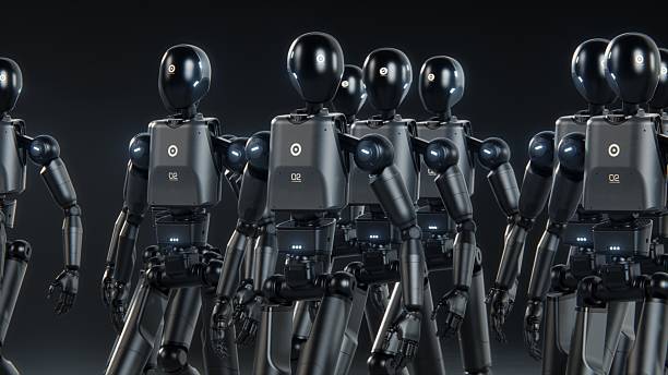 istock Visualization of Army of Advanced Humanoid Robots Marching Together Across Dark Futuristic Space 2226867153
