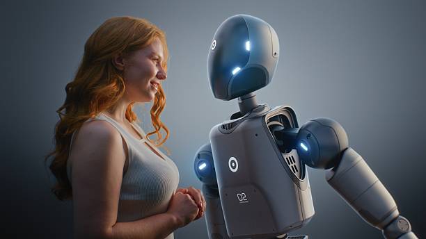 istock Human-Machine Collaboration Concept: Visualization of Young Woman Looking Tenderly at Humanoid Robot 2226867276