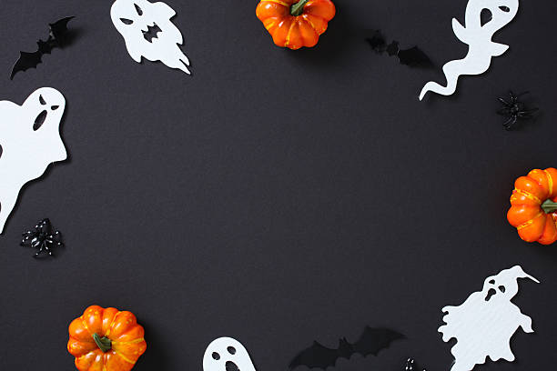 istock Festive Halloween border with pumpkins, ghosts, bats, and spiders framing a black background. 2226868077