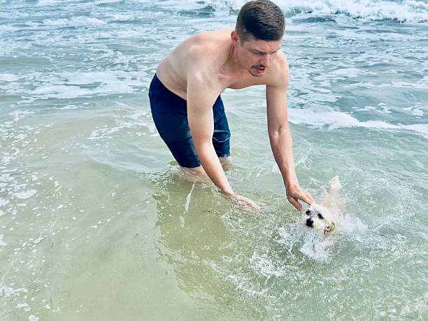 An young adult is holding his female little maltipoo dog, cream color, over the ocean water trying to get her into salty water for therapy. She starts to swim. Located in South of California at Huntington Beach.