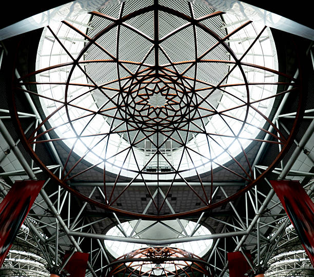 Bangkok, Thailand - Bangkok Central Railway Station - 21 November 2022: Geometric Steel Ceiling Structures With Intricate Design Patterns.  Bottom-up shot.