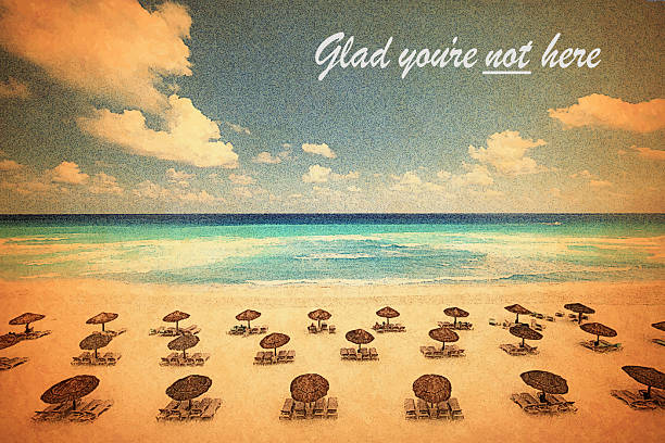 istock Humorous Vintage Postcard with Tropical beach and empty beach chairs and Palapas. 2226869857