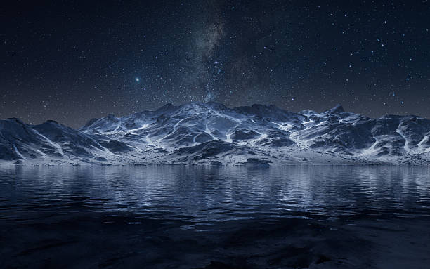 istock Lake and snow mountains at night, 3d rendering. 2226872597
