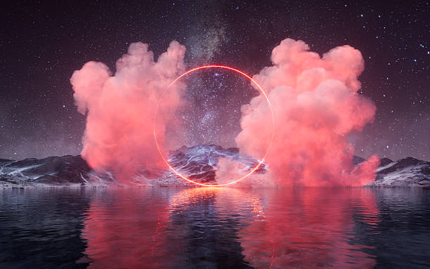 istock Glowing neon lines and smoke over the lake, 3d rendering. 2226872598