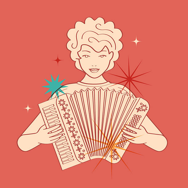Girl playing accordion in outline style and red background. Colored stars around. Smiling young woman playing accordion. Happy girl playing folk or country music. Entertainment and hobby. Musical performance. Outline vector illustration.