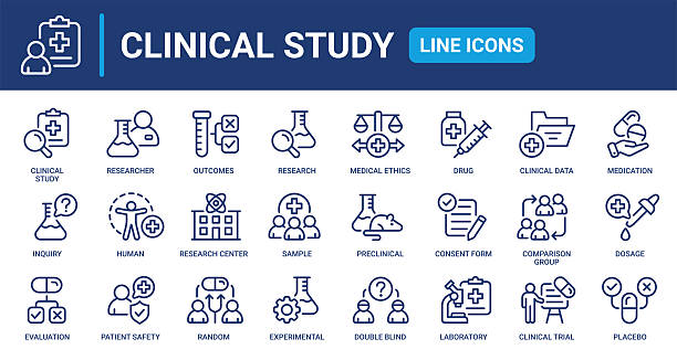 ilustrații de stoc cu set de pictograme de linie de studiu clinic - clinică medicală