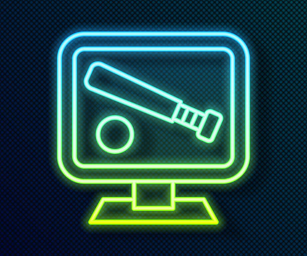 Glowing neon line Monitor with baseball ball and bat on the screen icon isolated on black background. Online baseball game. Vector Glowing neon line Monitor with baseball ball and bat on the screen icon isolated on black background. Online baseball game. Vector. baseball-scorecard stock illustrations