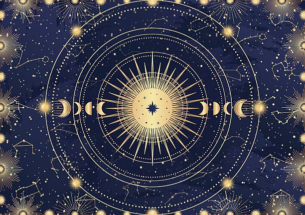Card of mystical Sun, Moon, crescent, star, sunburst, night sky. Constellation galaxy celestial space. Spiritual zodiac horoscope, astrology sign, astronomy symbol. Magic vector illustration on blue