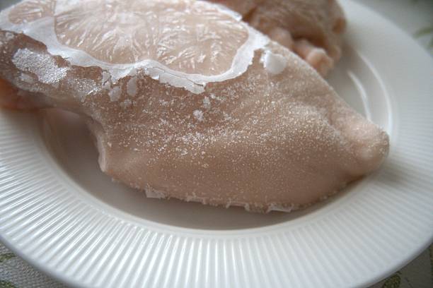 istock Frozen raw chicken breast on white plate, close-up 2226905907