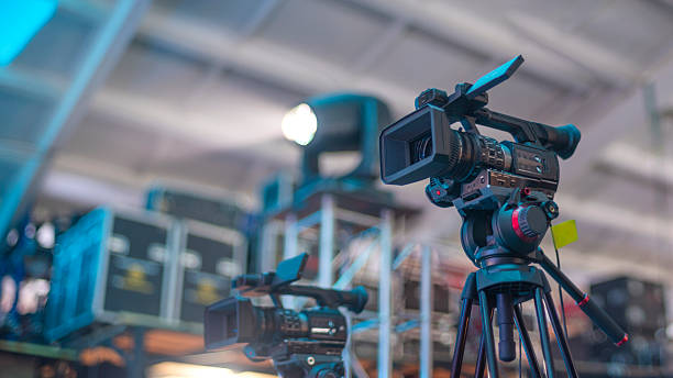 istock TV camera on the show broadcasts online. Backstage 2226906601