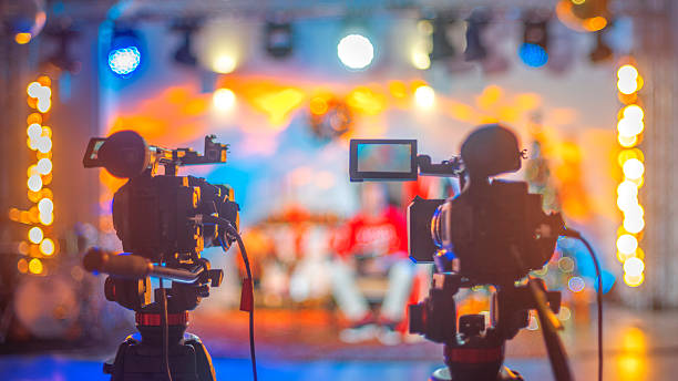 istock TV camera on the show broadcasts online. Backstage 2226906619