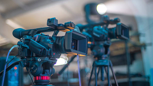 istock TV camera on the show broadcasts online. Backstage 2226906637