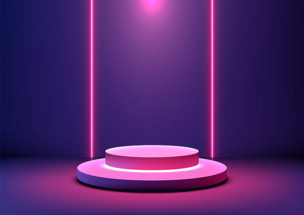 istock futuristic neon light 3d podium glowing in pink against purple backdrop with spotlight and vertical bars, ideal for product display mockup, tech showcase, virtual environment or modern template 2226908128