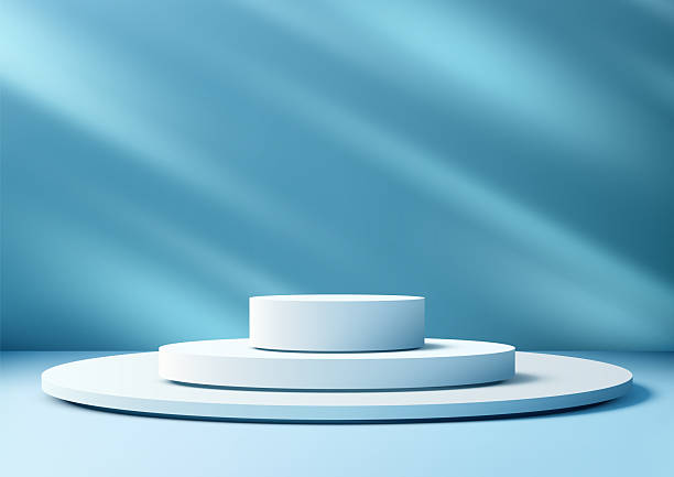 istock product display mockup with white cylinder podiums on circular base in cool blue background with diagonal light streaks modern minimal showroom concept for branding presentation 2226908688