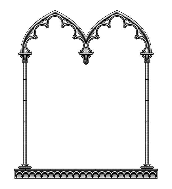 Black classic gothic architectural decorative frame isolated on white. Drawing in vintage black and white engraving style. Vector Illustration