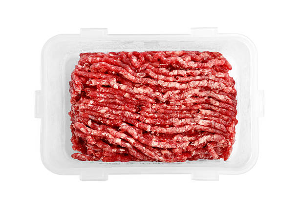 istock Frozen minced meat in container isolated on white, top view 2226910908