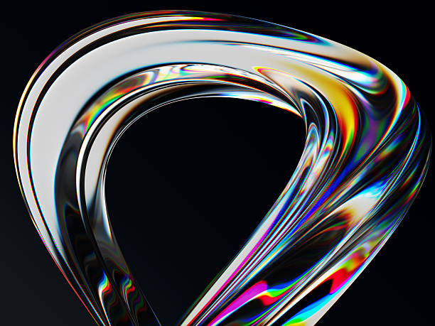 Neon fluid flow curve shape on black 3d background. Abstract liquid glass transparent ribbon wave line with rainbow caustic effect. Chromatic gradient water stream. Render dynamic bg. 3D illustration