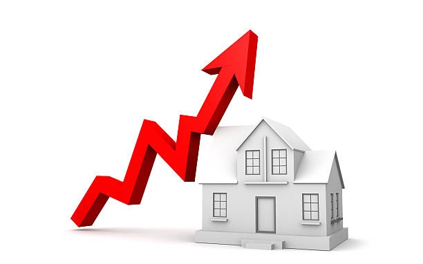 istock Red upward arrow graph with house model. Real estate growth graph. 2226912602