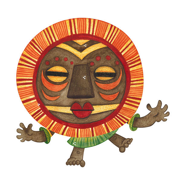 istock Dancing african aborigine in a brown round mask with orange fringe with his arms outstretched. Watercolor illustration, hand drawn, cartoon. Drawing for poster, stickers, print. Africa, mask, funny 2226913264