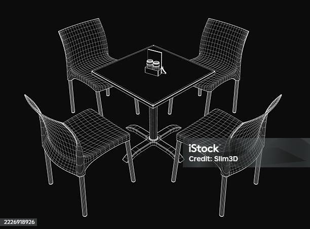 Wireframe Table Rendering A 3d Wireframe Model Of A Rectangular Table Surrounded By Four Chairs ...