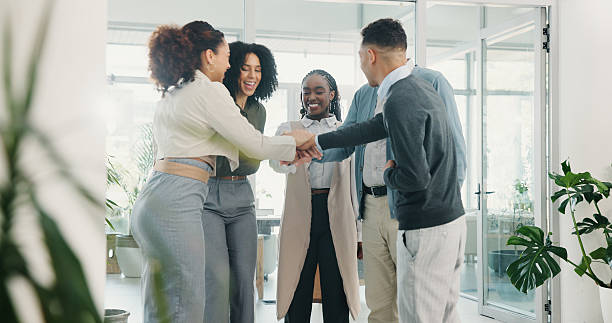 istock Hands, stack and business people in office, teamwork and support with company growth. Employees, consultant and group in workplace, gesture and achievement with goals, diversity and celebration 2226926901